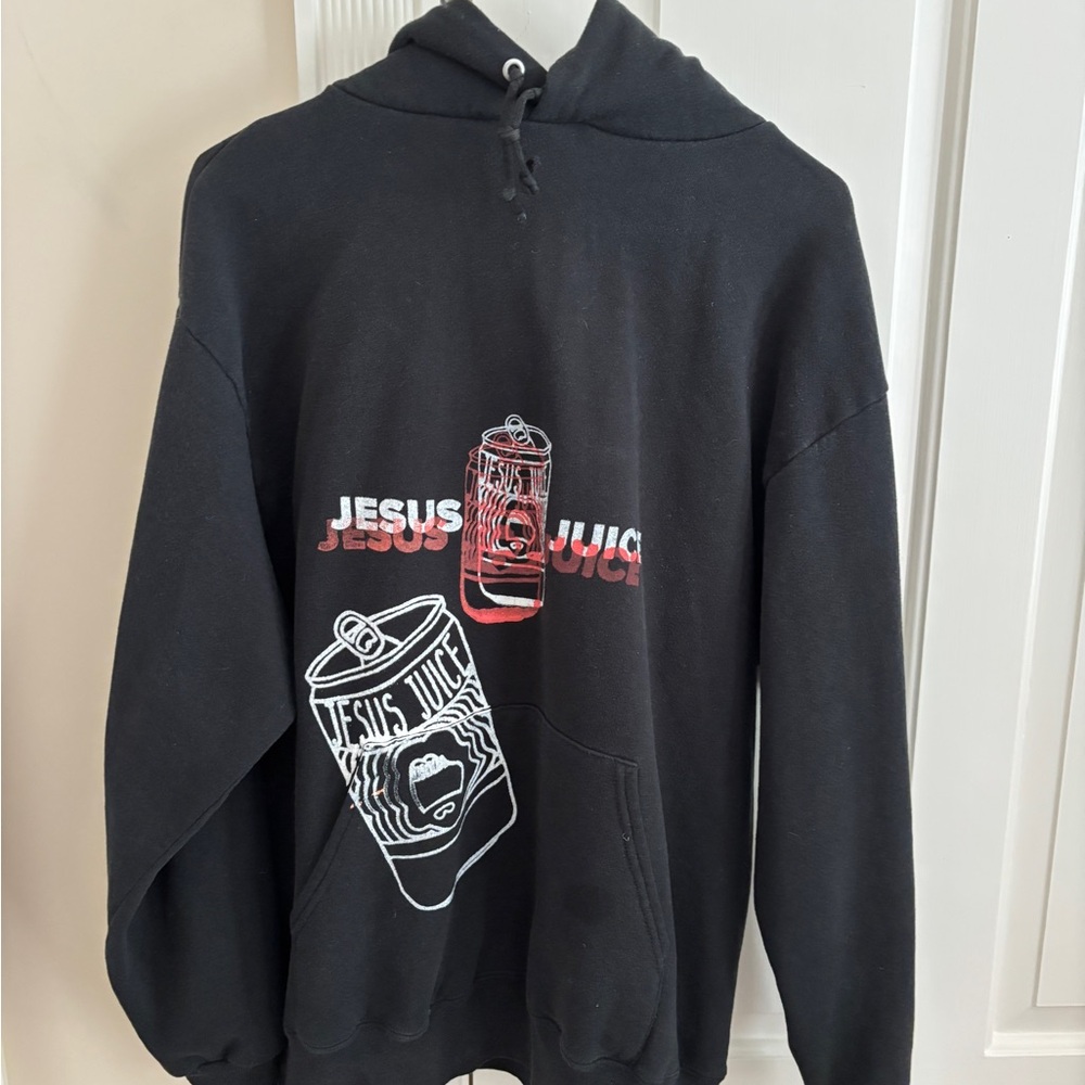 Vintage Jesus Juice Black Hoodie with Red and White Graphic